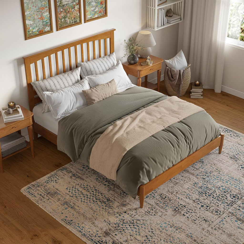 Becket Queen Solid Wood Low Profile Platform Bed, Light Toffee