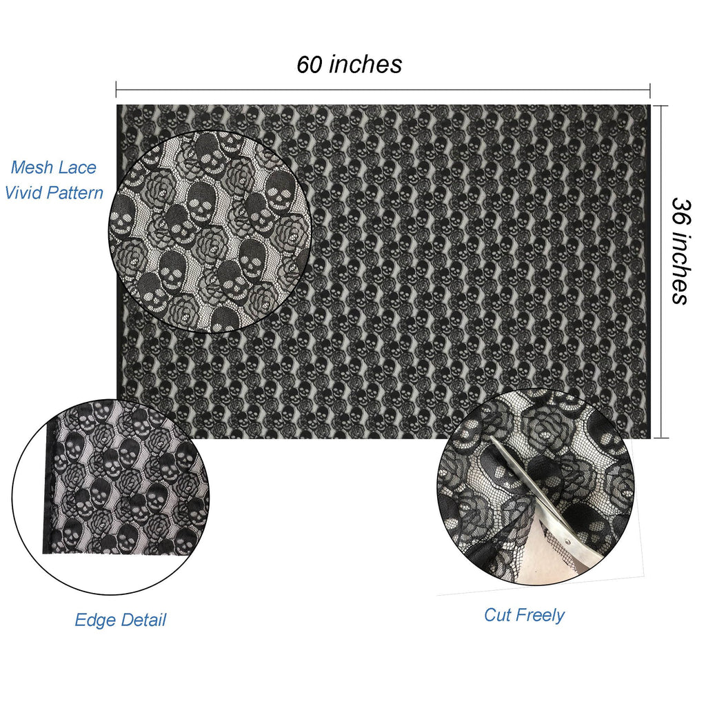 Black Lace Fabric, 60"*36" Skull Pattern, Allover Nylon Material, Soft Touch for Halloween Party, DIY Sewing Garment