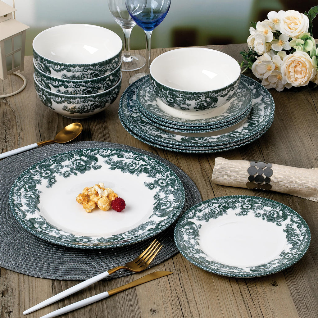 Montana Chip-Resistant Porcelain Dinnerware Set, 12-Piece, Elegant Green Floral Border