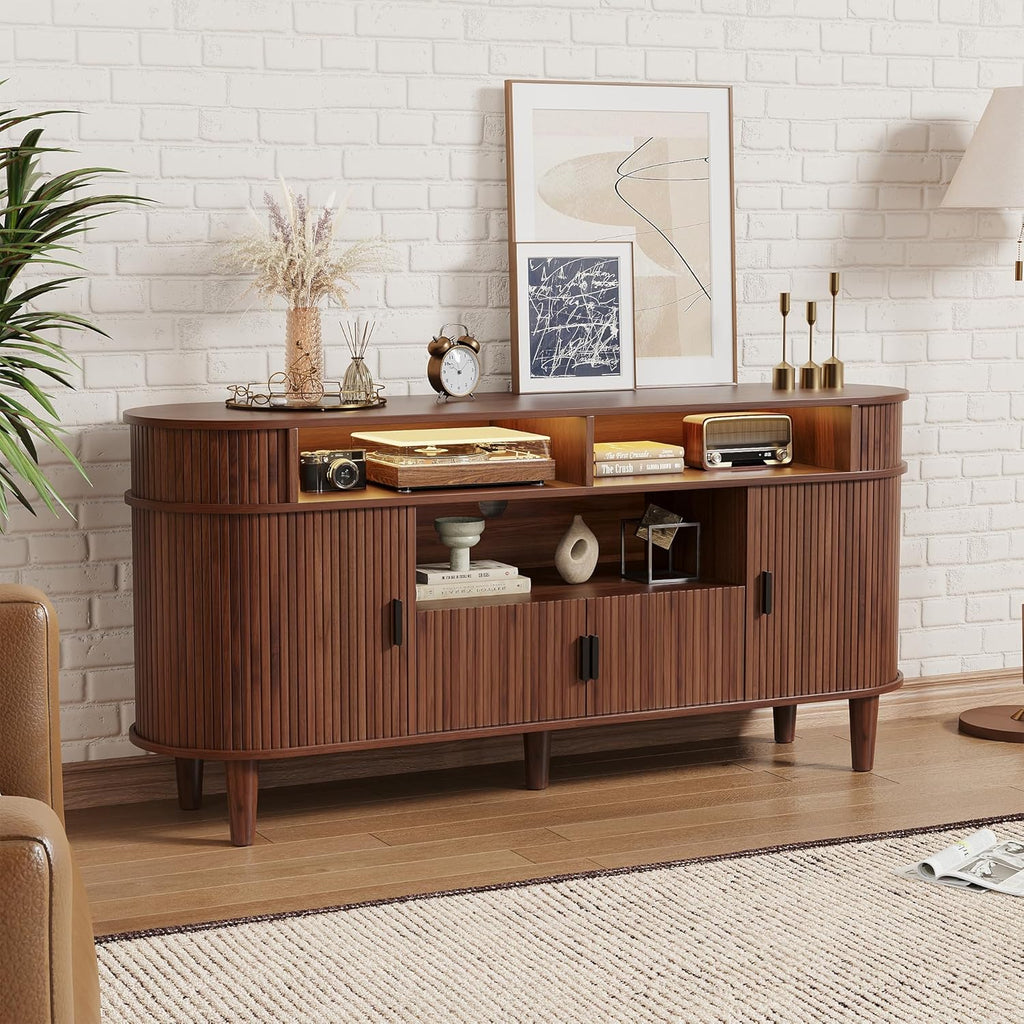 59" Fluted TV Stand with Sliding Doors, Mid Century Modern TV Stands for Tvs up to 65", Entertainment Center with