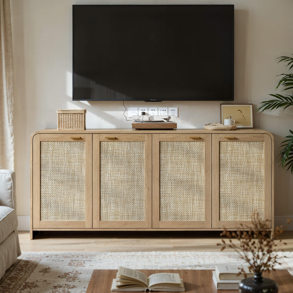 67" Rattan Sideboard Buffet Cabinet with Storage, Natural Oak