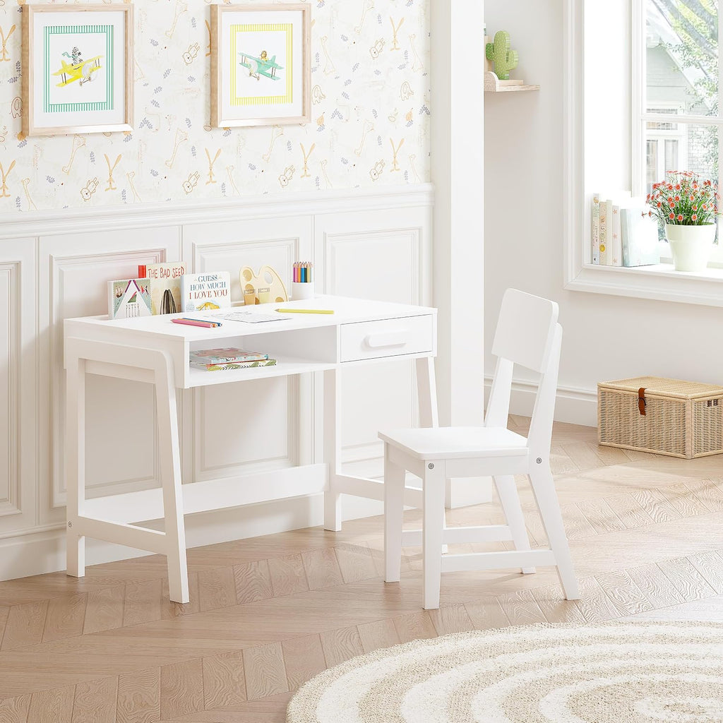 Wooden Kids Desk and Chair Set with Open Storage & 1 Drawer