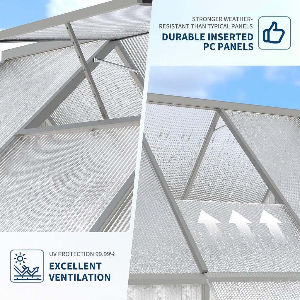 6 x 7 ft Outdoor Polycarbonate Greenhouse Kit, Heavy Duty Greenhouse with Reinforced Aluminum Frame, Adjustable Roof