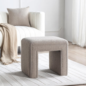 Vanity Stool Chair, Fully Assembled Modern Boucle Ottoman Footstool with Wooden Legs, Multifunctional Upholstered