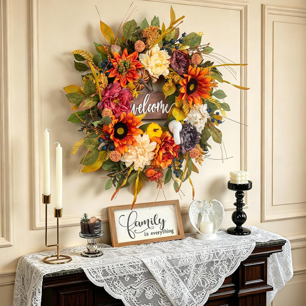 Artificial Harvest Fall Wreaths for Front Door 24 Inch Autumn Wreath