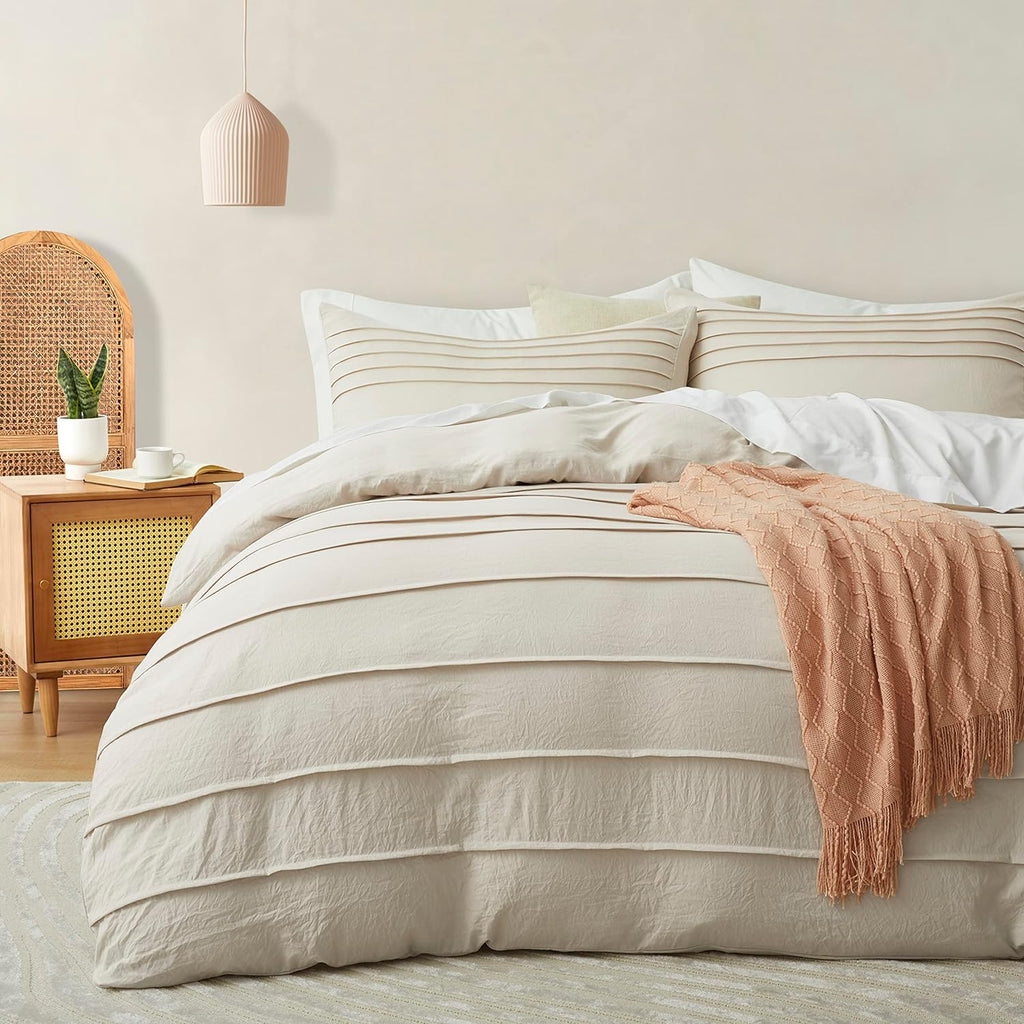 Beige Duvet Cover King - Pleated King Duvet Cover, 3PCS Soft and Breathable Textured Bedding Set with Zipper