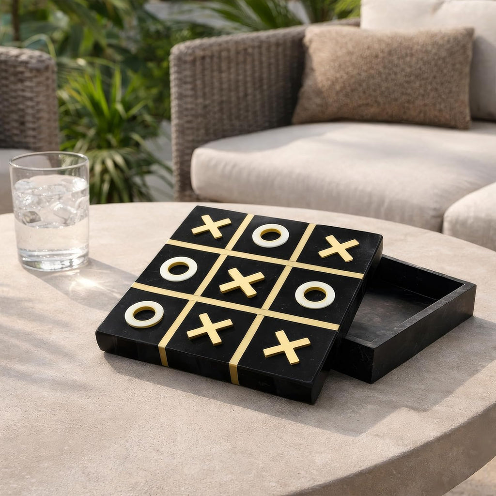 Leza Tic Tac Toe Game Set, Black Marble with Gold Inlay, 12 Inch