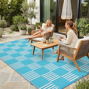 Waterproof Outdoor Rug 6x9, Checkered Foldable Plastic Straw Patio Camping Rug, Outdoor RV Carpet for Deck Camper