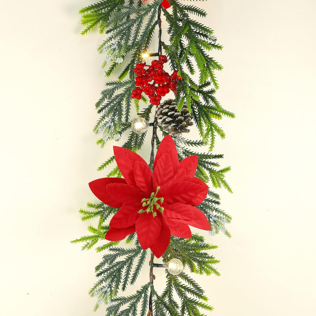 2 Pack Christmas Garland, 9' Pre-lit Artificial Xmas Flocked Garlands, Lighted Poinsettia Spruce Timer & Battery