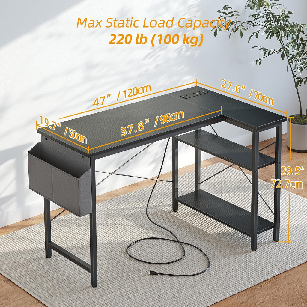 L Shaped Computer Desk with Power Outlets, 47 Inch Small Corner Desk with Reversible Shelves, Gaming Desk Computer
