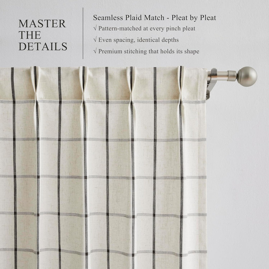 Black Plaid Pinch Pleat Semi Sheer Checkered Linen Blended Window Curtain Drape 95 Inch for Farmhouse Living Room