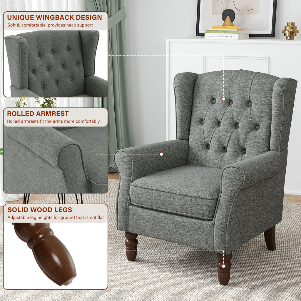 High Back Accent Chairs Set of 2, Button-Tufted Wingback Chair, Grey