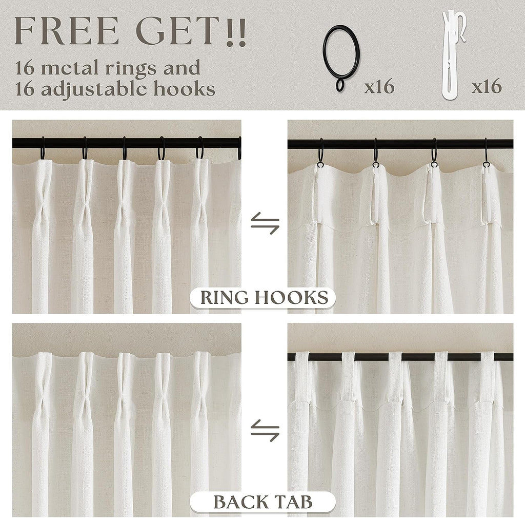 Natural Pinch Pleated Linen Curtains 84 Inch Length 2 Panels for Living Room Bedroom Textured Cream Ivory Birch Semi