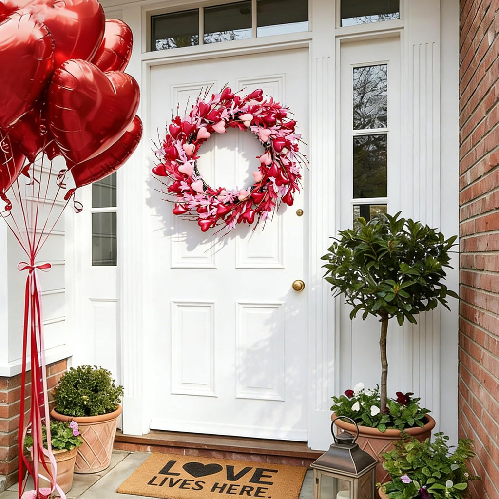 24'' Valentine's Day Wreath for Front Door, Handmade Spring Flower Garland with Red Berries and Pink Love Heart
