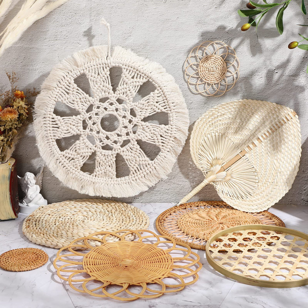 8 Set Boho Wall Basket Decor Woven Rattan Flat Baskets