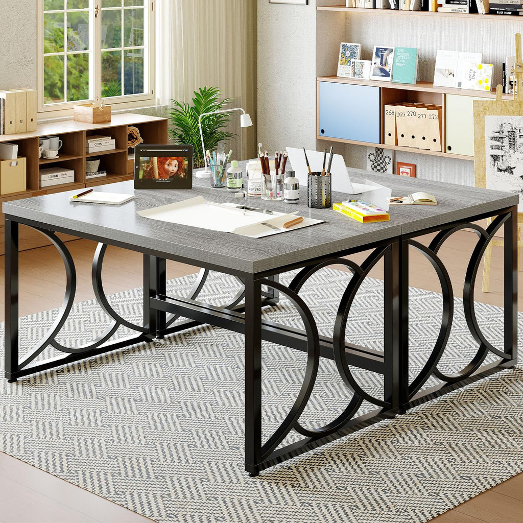 Gray Computer Desk, 55 Inch Metal Wooden Home Office Writing Desk