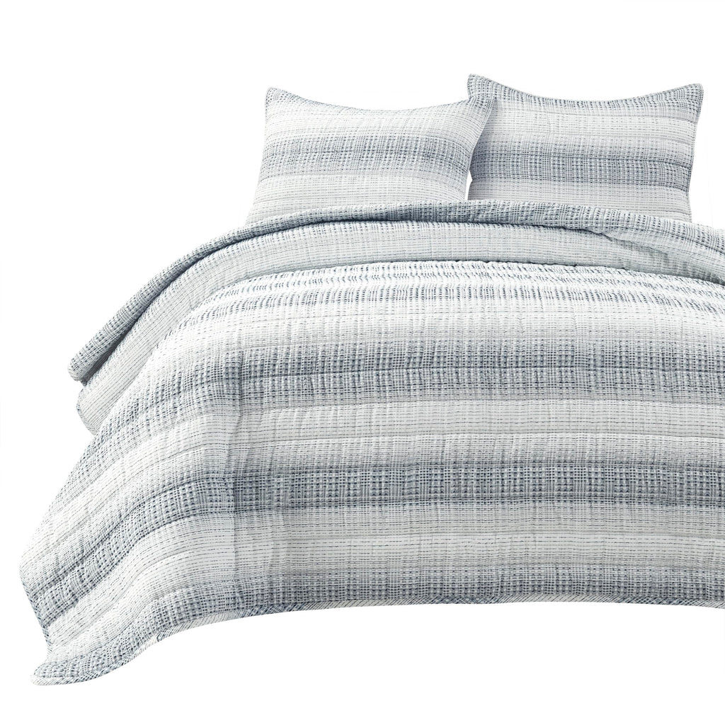 Yarn Dyed Textured Stripe Waffle Quilt Set, 3 Piece Set, Navy & White - Soft Waffle Bedding Set - Blue Quilt