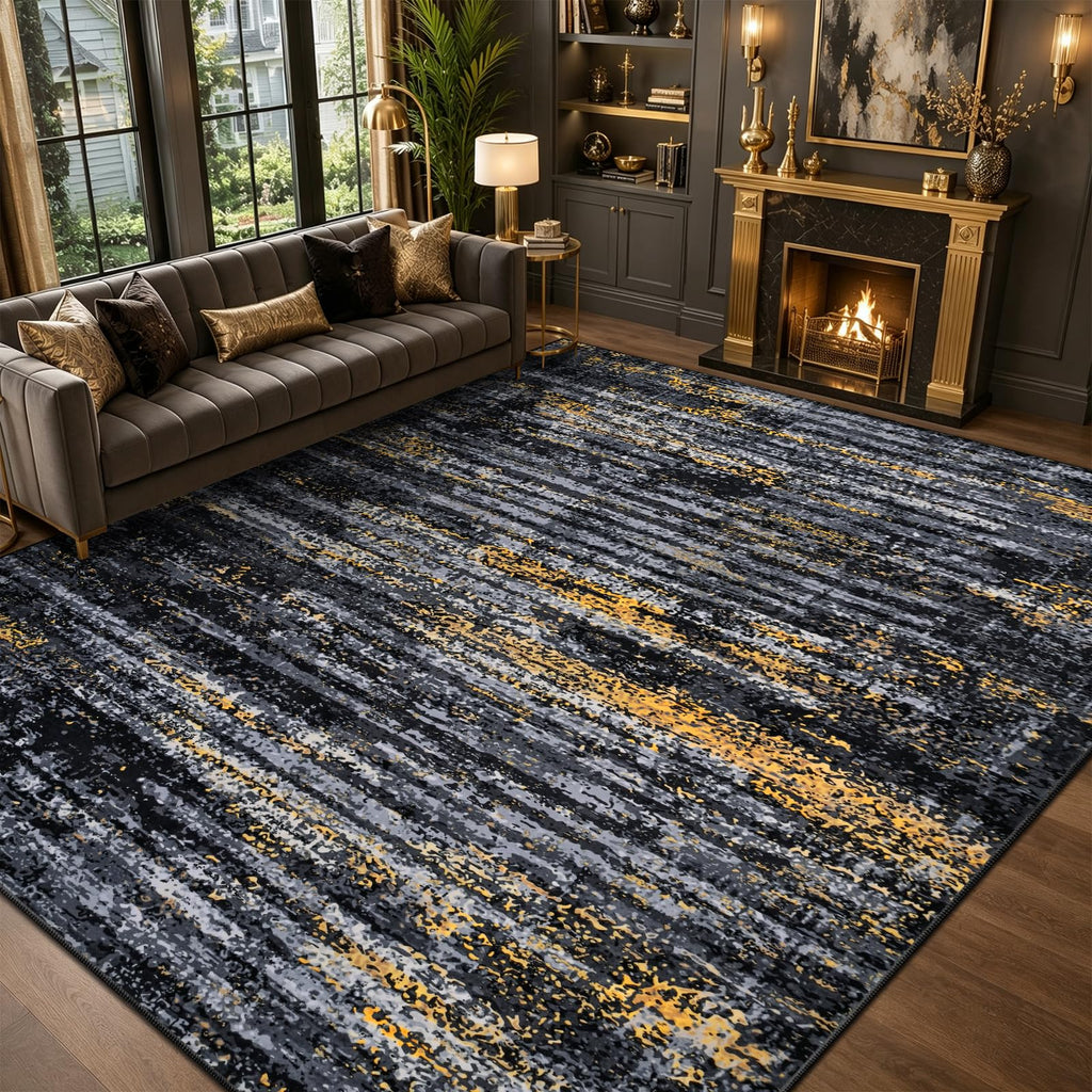 Washable Area Rug, Abstract Rug Black Gold