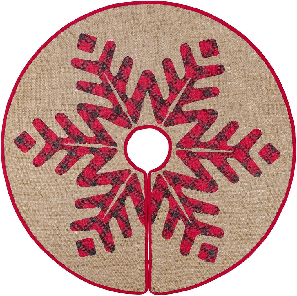 Christmas Tree Skirt, 30 Inch Rustic Burlap Tree Skirt with Large Black and Red Plaid Snowflake Printed Christmas