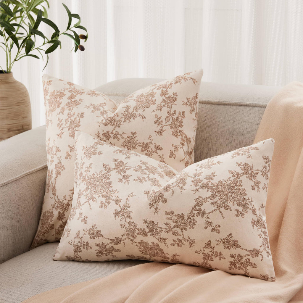 2 Pack French Floral Throw Pillow Covers 16x16in, Brown/Cream