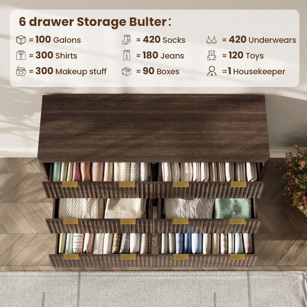 47" Wide Fluted 6 Drawers Dresser, Curved Edge, Walnut