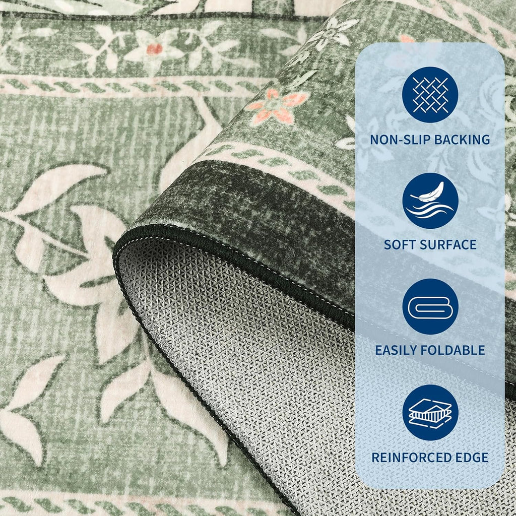 Provence 5x7 Area Rugs, Botanical Grove Sage Green Vintage Cottagecore Non-Slip Washable Rug