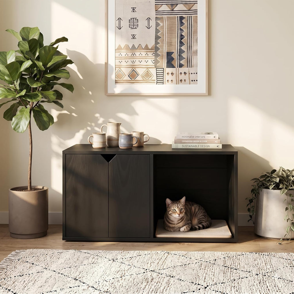 35.83" Modern Black Cat House Hidden Litter Box Enclosure with Scratch Pad
