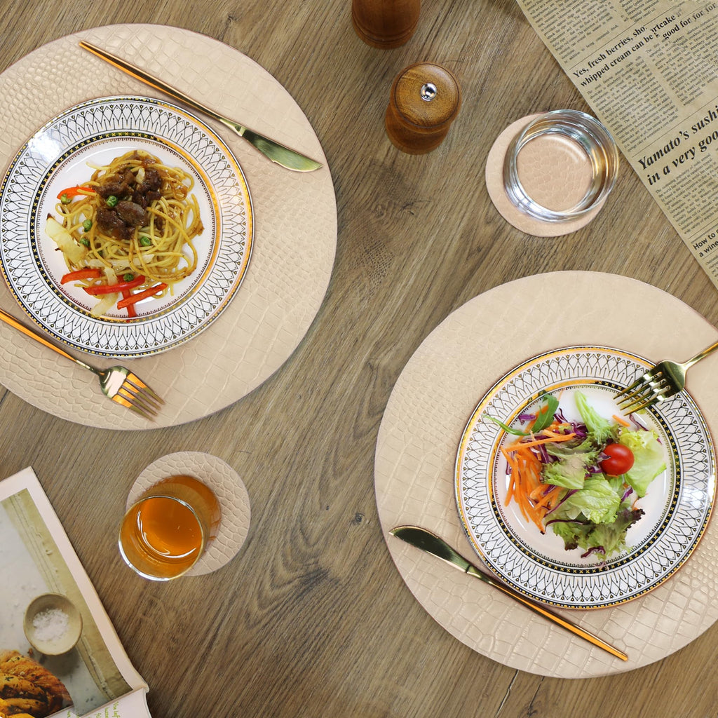 Round Leather Placemats for Round Tables Set of 6, Beige Place Mats and Coasters, Wipeable Waterproof Heat Resistant