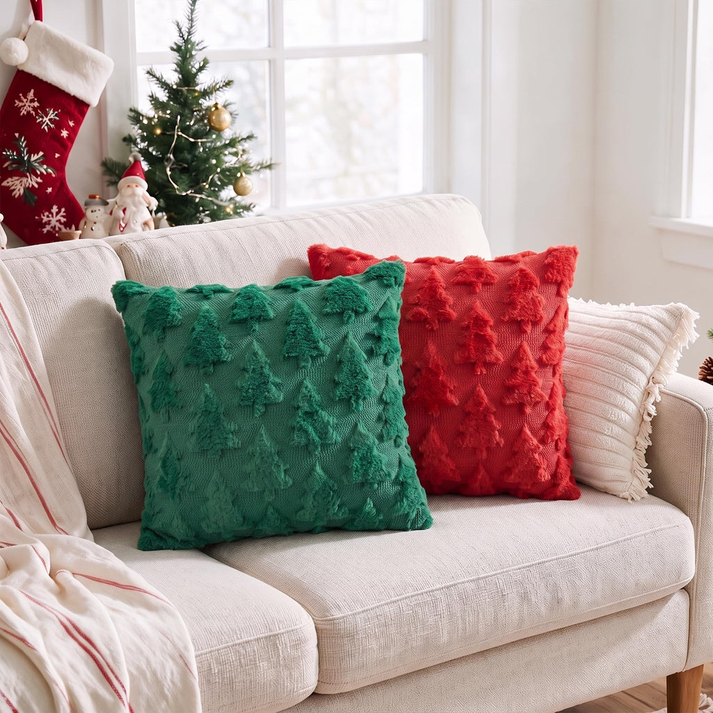 Christmas Tree Red Green Throw Pillow Covers Set of 4, 18 x 18 Inch Soft Plush Faux Fur Jacquard Festivals Winter