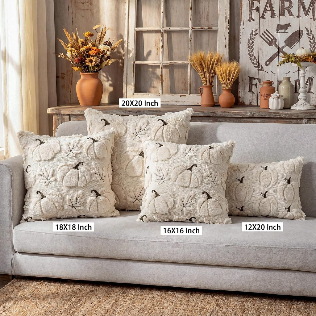 Fall Pumpkins Leaves Decorative Pillow Covers 18"x18", Beige Soft Plush Faux Fur Throw Cushion Cases - Set of 2