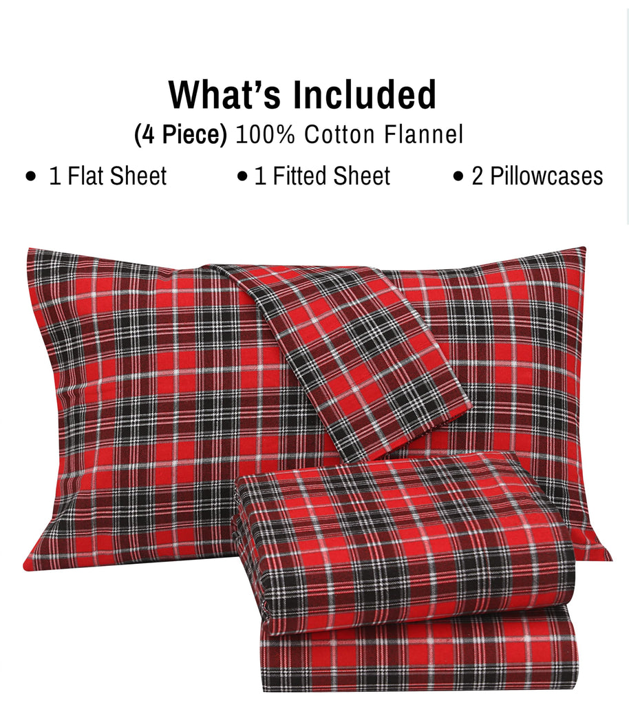 100% Cotton Flannel Sheets Full Size, 4 PCs, Red Plaid