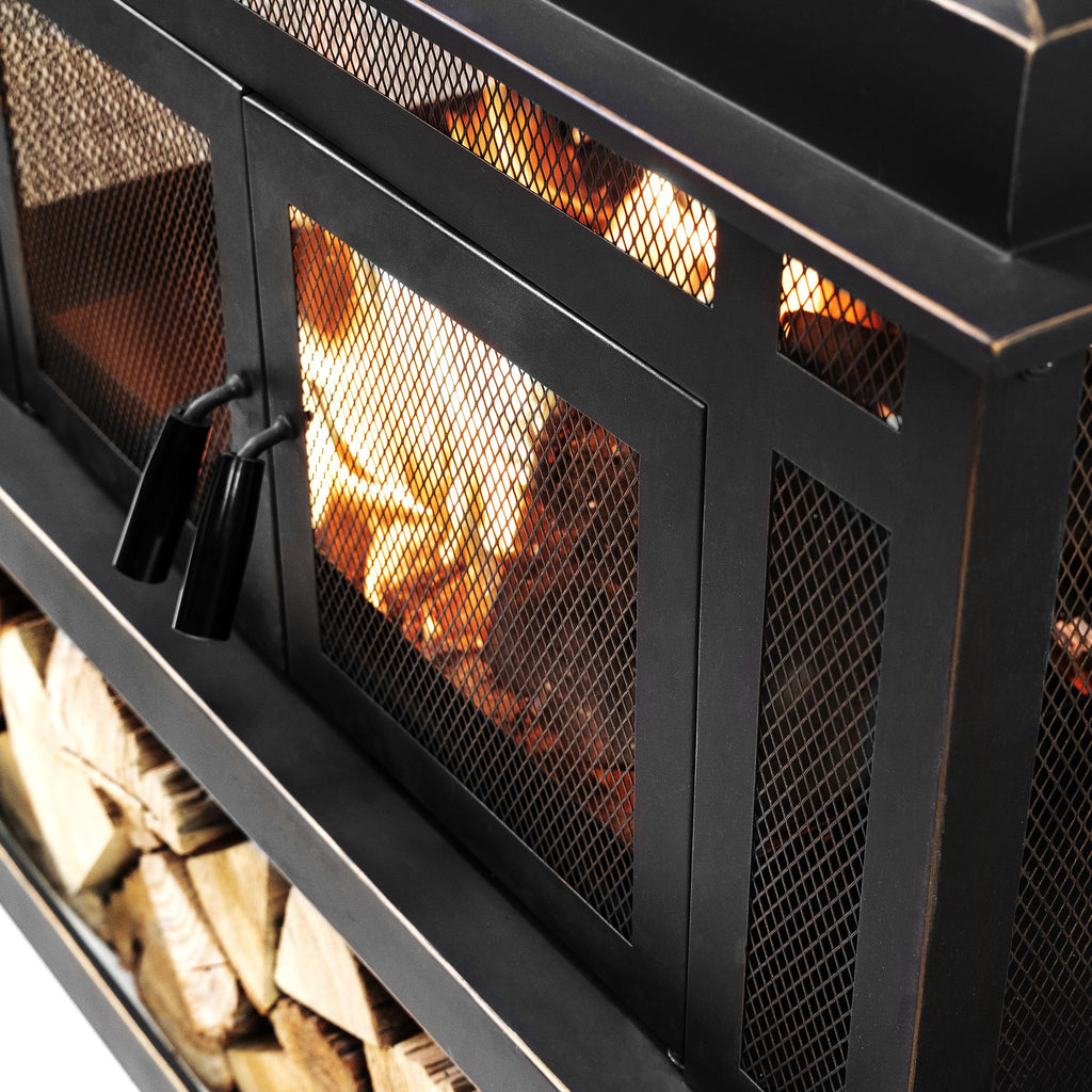 Rimasco 80-Inch Metal Wood Burner Fireplace with Side Storage Tables - Wood Burning Fire Pit - Smokeless Patio Fire