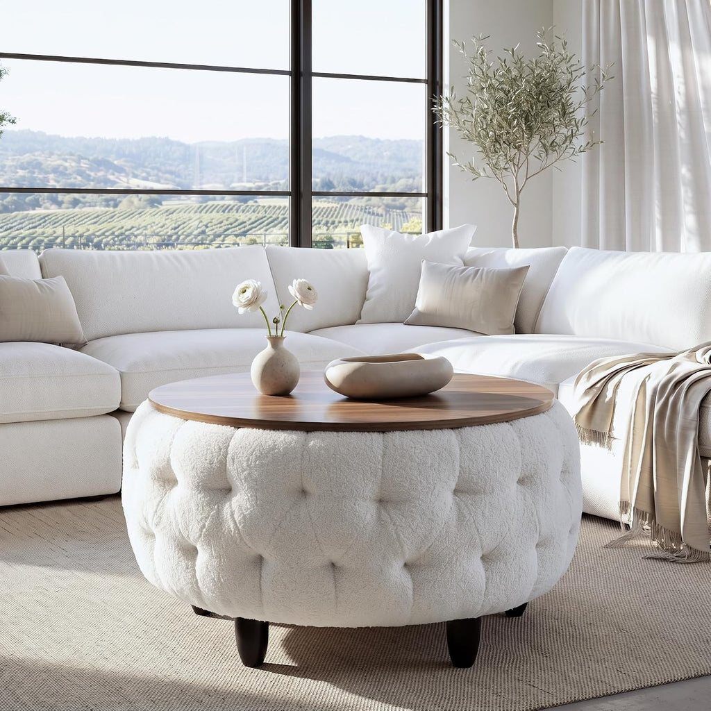 Large Round Storage Ottoman Coffee Table with Wooden Tabletop, 32 Inches Teddy Fleece Tufted Ottoman s (White)