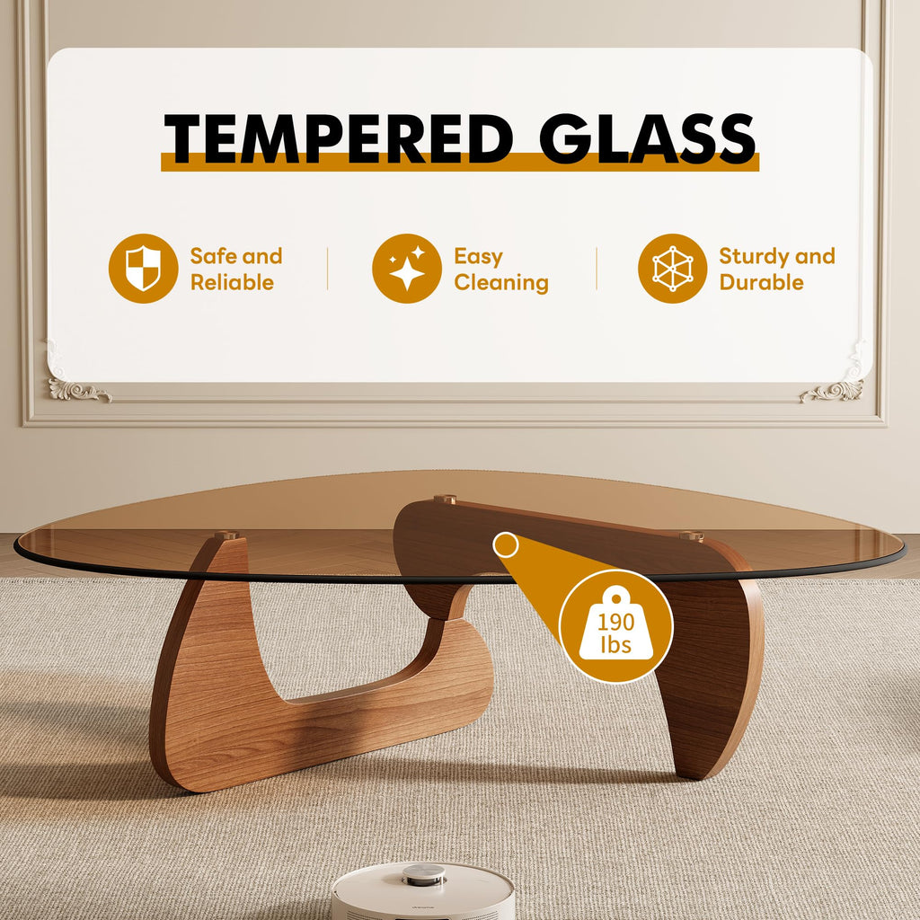 Mid Century Modern Triangle Coffee Table, Tempered Glass Top Solid Wood Base, Walnut/Brown