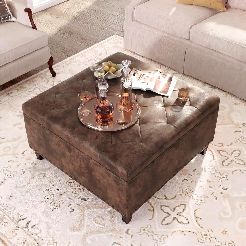 Faux Leather Storage Ottoman Bench, Square Tufted Coffee Table | 29.5" Nailhead Trim Upholstered Ottoman with