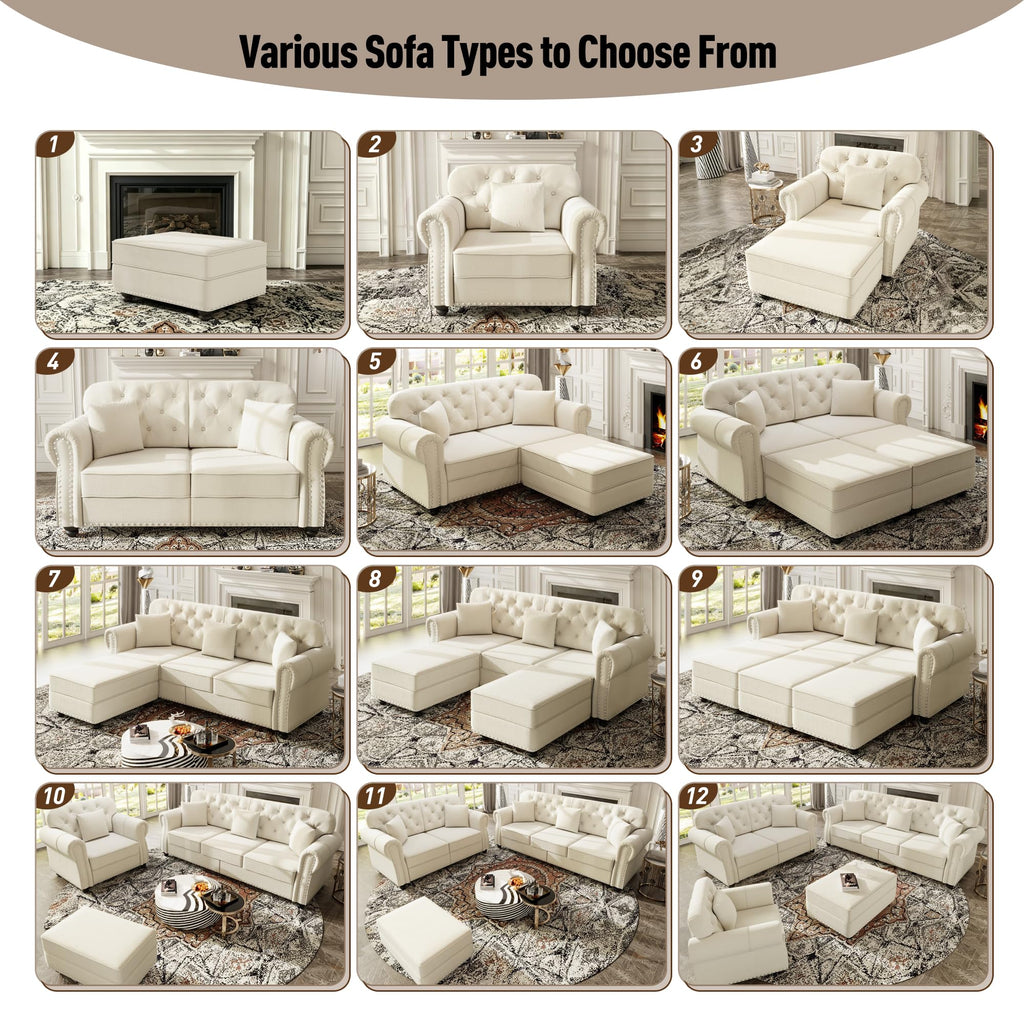 2-Piece Velvet Chesterfield Sofa Set with Ottoman, Deep Seat Button Tufted Couch with 3-Seater Sofa & Loveseat