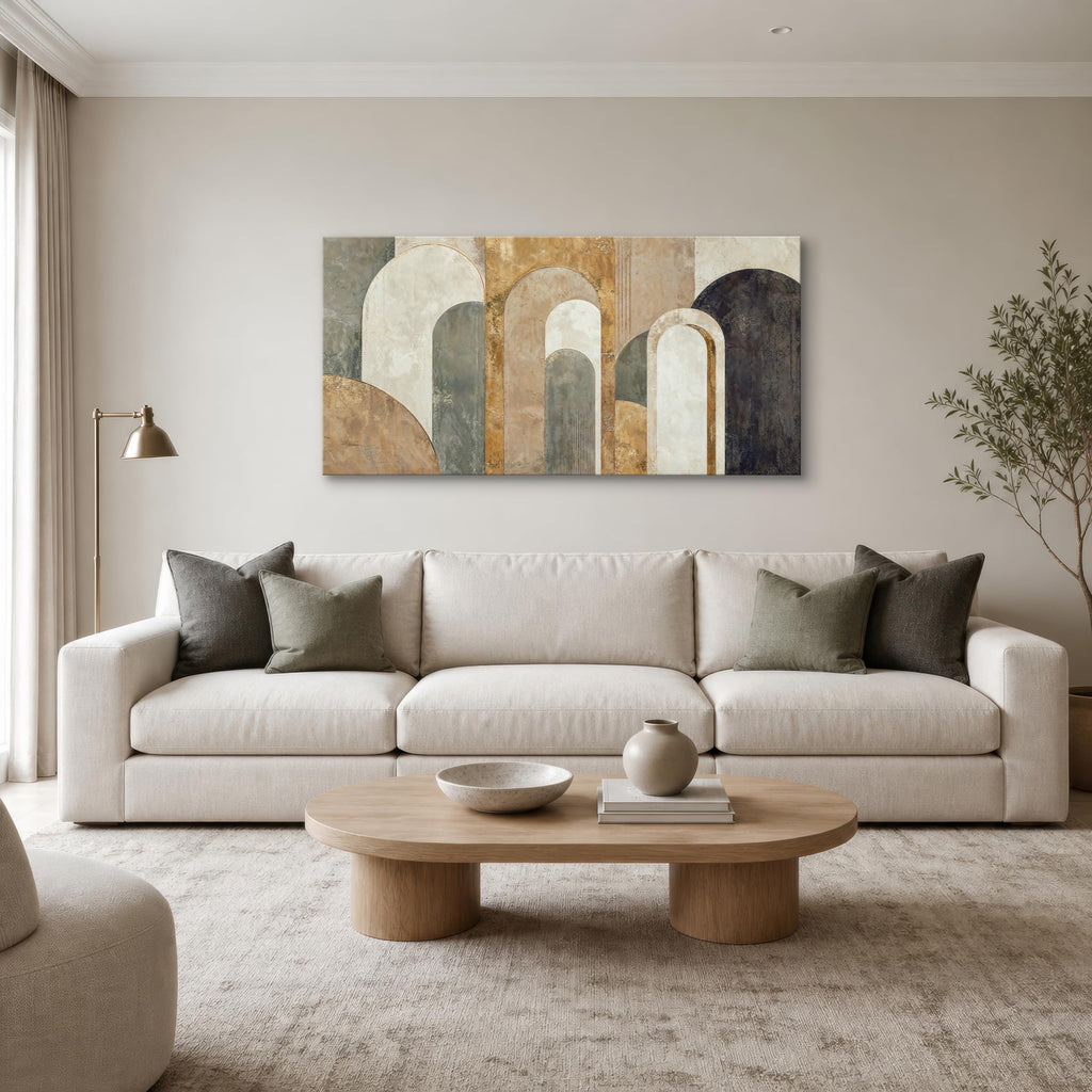 Large Neutral Abstract Canvas Wall Art, 58 x 29 Inch Geometric Arch Print in Beige, Sage and Muted Gold Tones