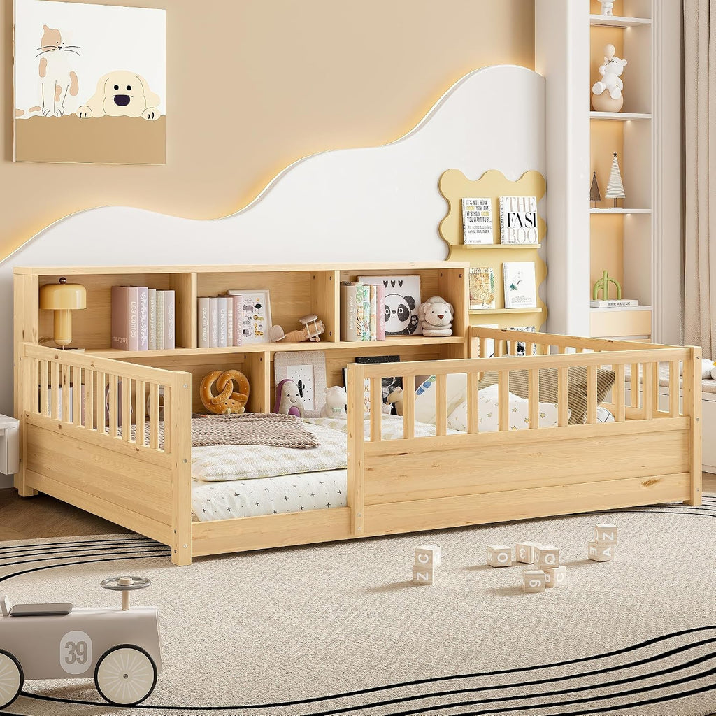 Montessori Floor Bed with Bookcase, Floor Bed with High Fence and Storage Shelves, Easy Assemble