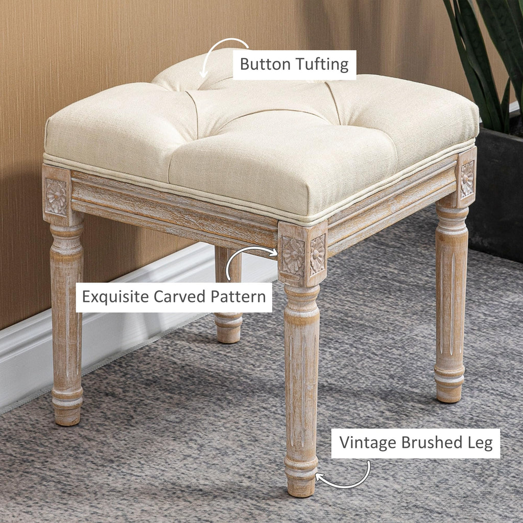 16" Vintage Ottoman Tufted Foot Stool with Upholstered Seat Beige