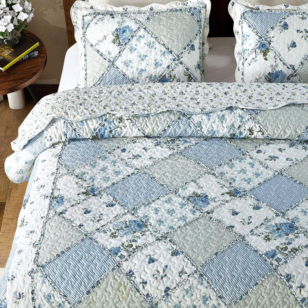 Blue Floral Patchwork Quilt Set, Full Queen, 3 Piece Bedding Set with 2 Pillowcases
