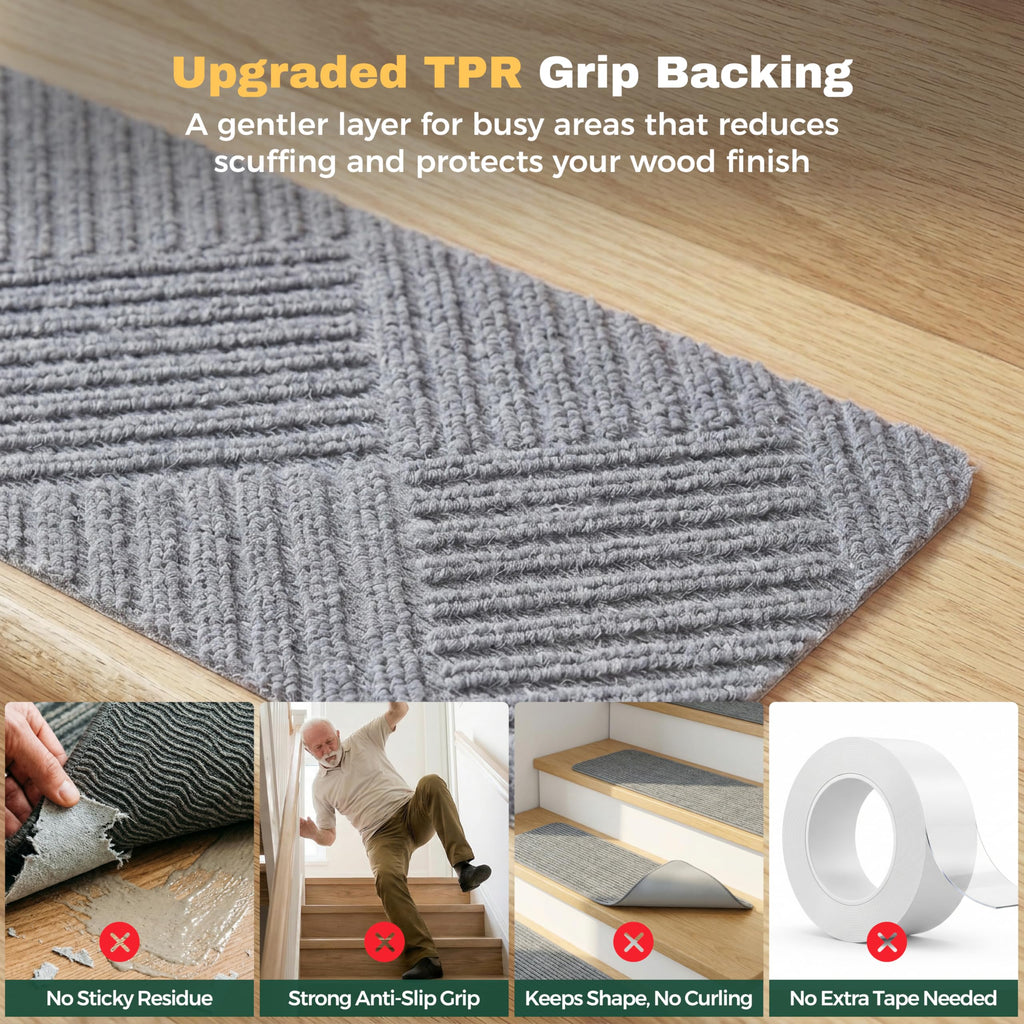Woven Stair Treads for Wooden Steps, 15 Pack, 8" x 30", Light Gray