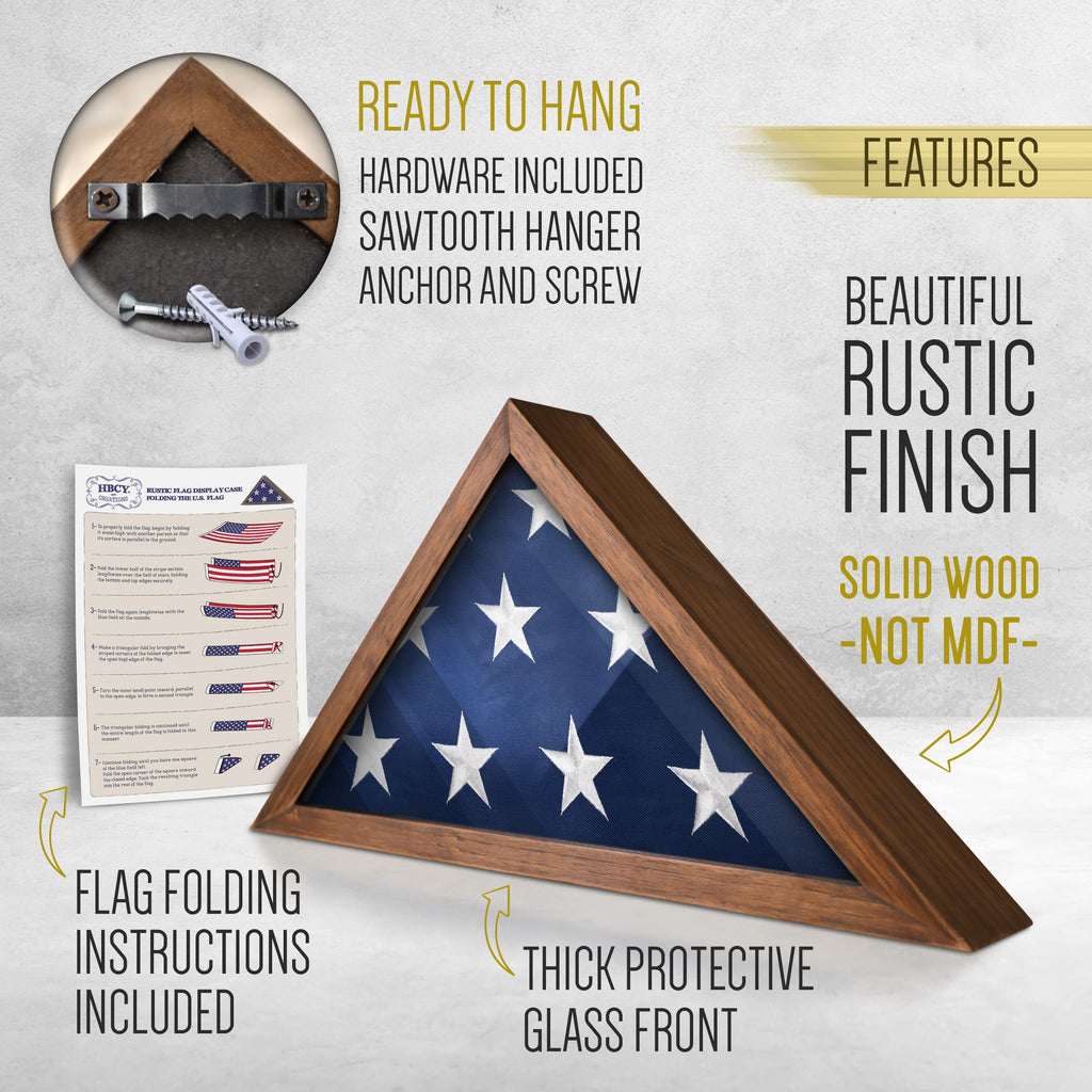 Flag Display Case for 5' x 9.5' American Veteran Burial Solid Wood Rustic Brown Frame with Glass Front Wall Mount or