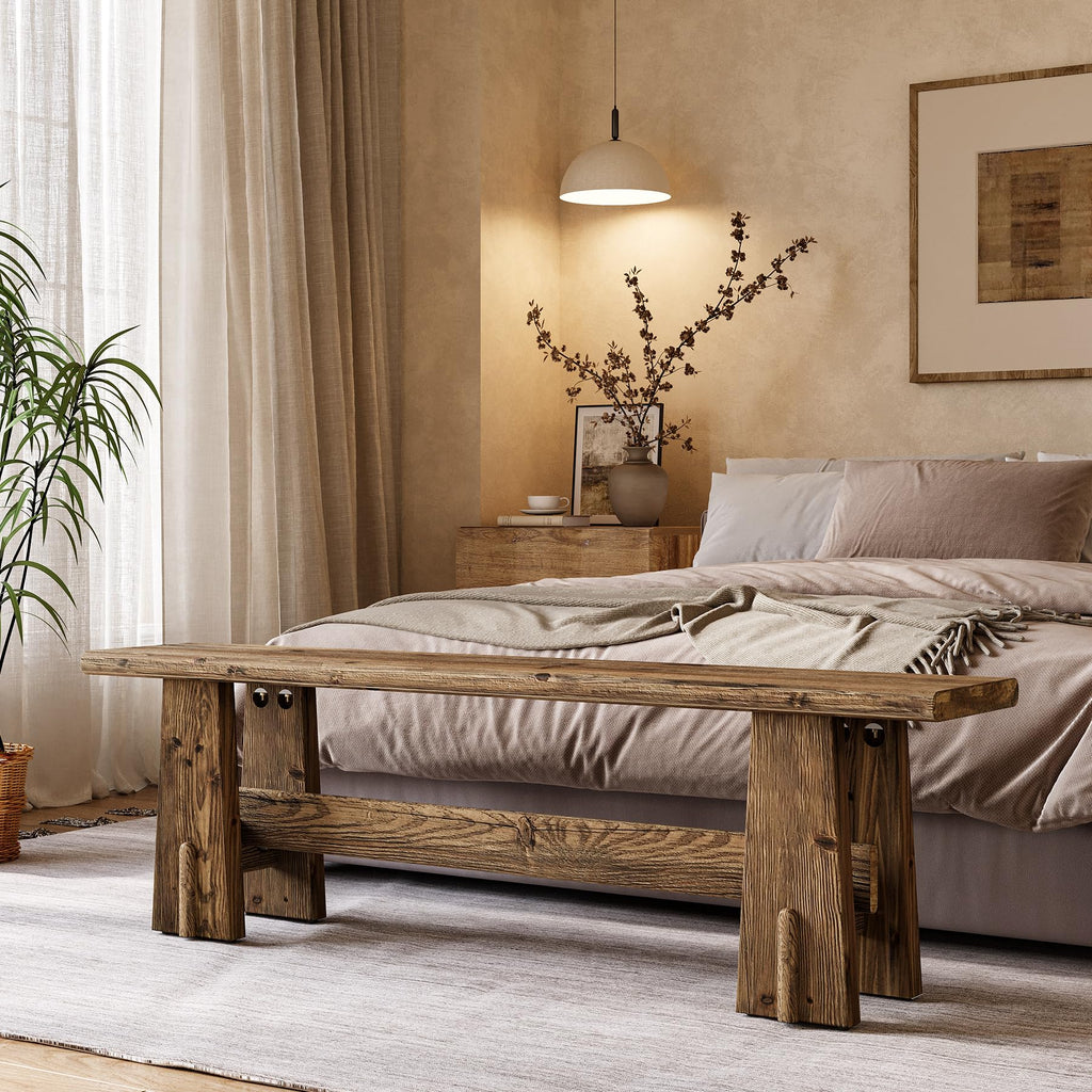 59" Solid Wood Bench, Farmhouse Entryway Bench, Long Retro Bench for End of Bed, Dining Room, Entryway, Hallway