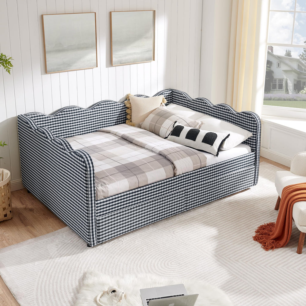 Full Size Upholstery Gingham Daybed with 2 Storage Drawers and USB, Modern Style Adorable Wave Shaped Linen Sofa Bed