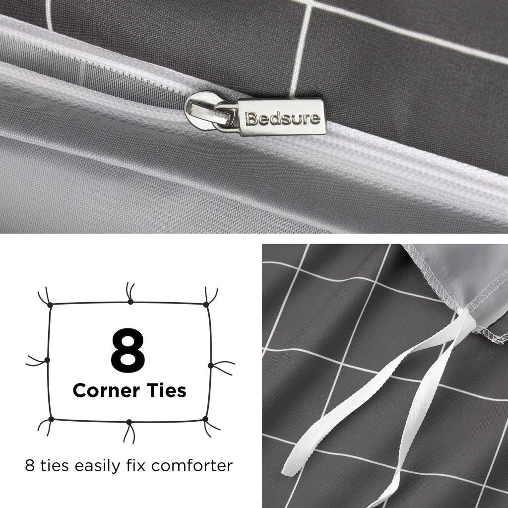Duvet Cover - Reversible Plaid Duvet Cover Set with Zipper Closure, 2 Pieces Dark Grey Bedding Set with 8