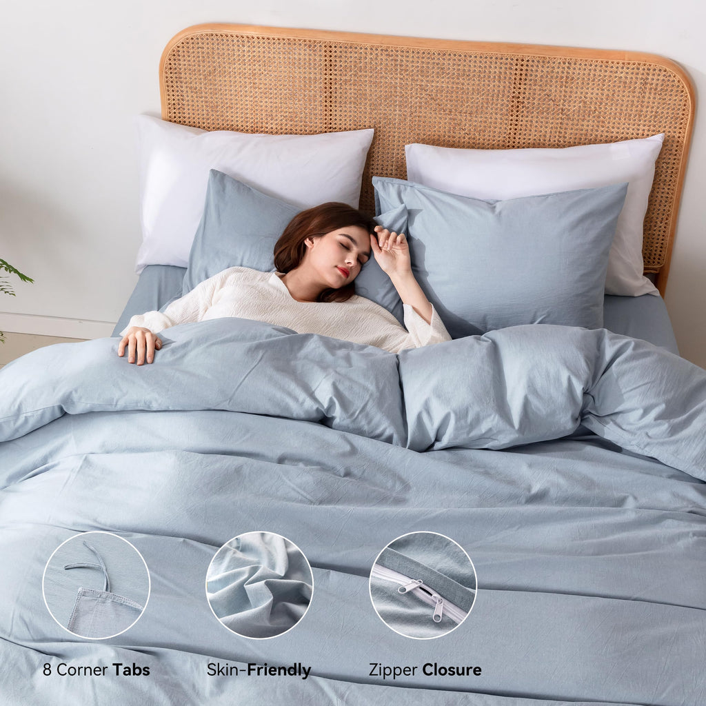 3 Piece Duvet Cover Set, 100% Organic Washed Cotton with Linen Feel Like Textured, Luxury Soft and