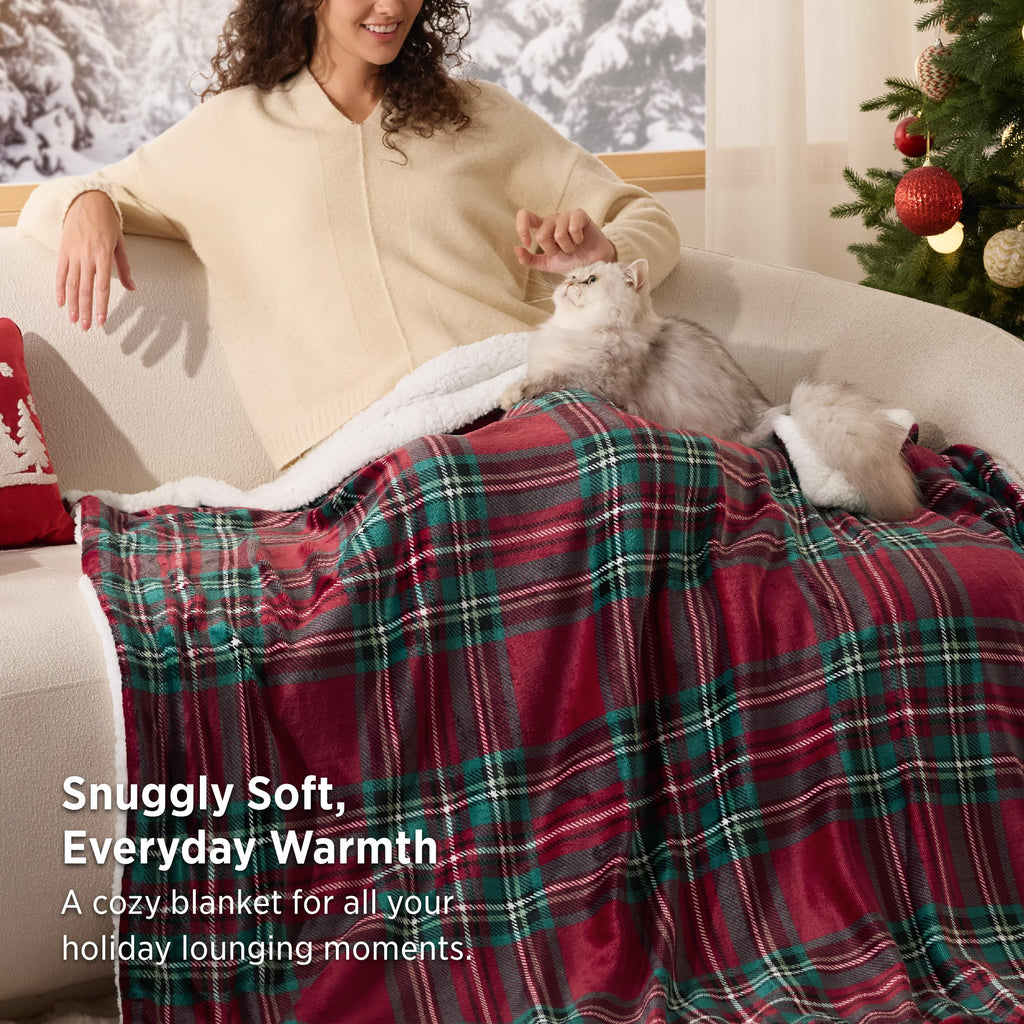 Christmas Throw Blanket for Couch - Christmas Decorations Gifts for Women, Warm Sherpa Plaid Throw Blanket, Red