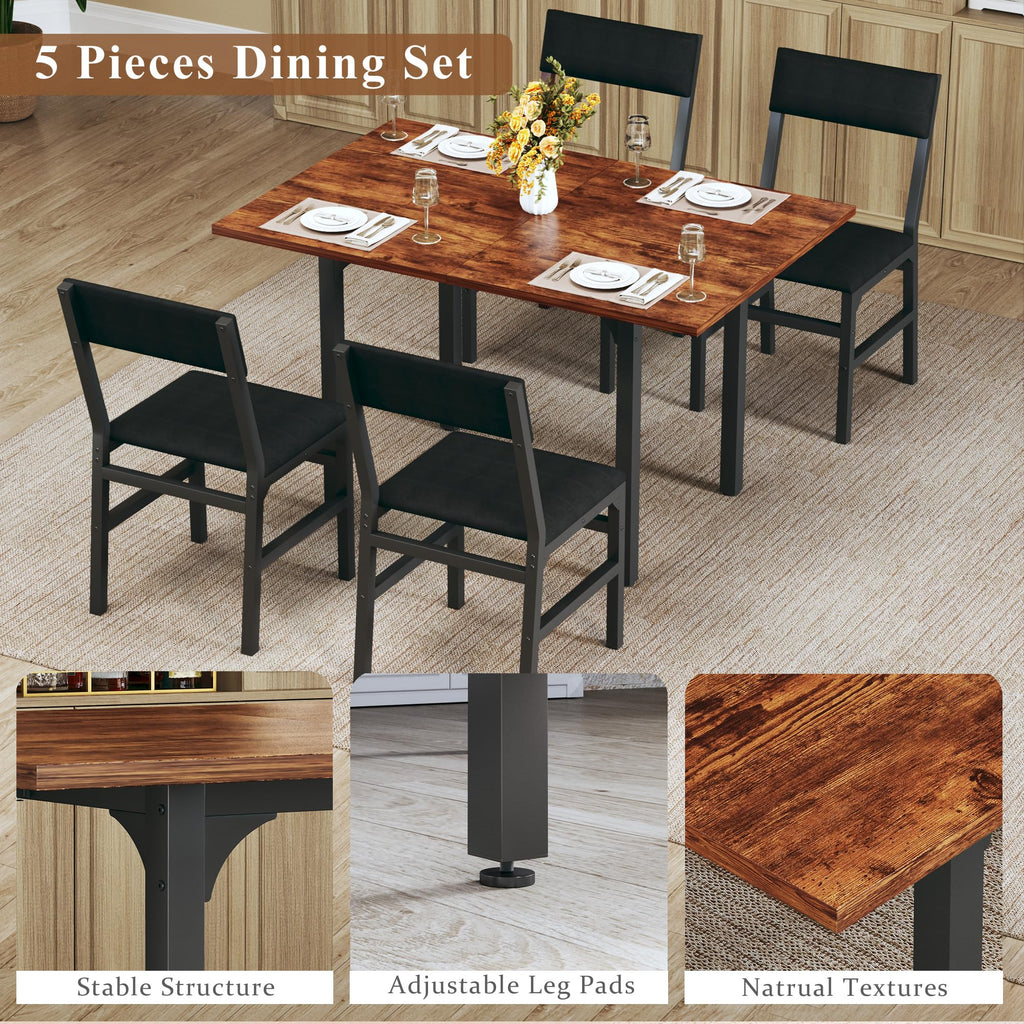 Dining Table Set for 4, Extendable Kitchen Table Cushion Chairs Set of 4, Rectangle Dining Table with Metal Frame &