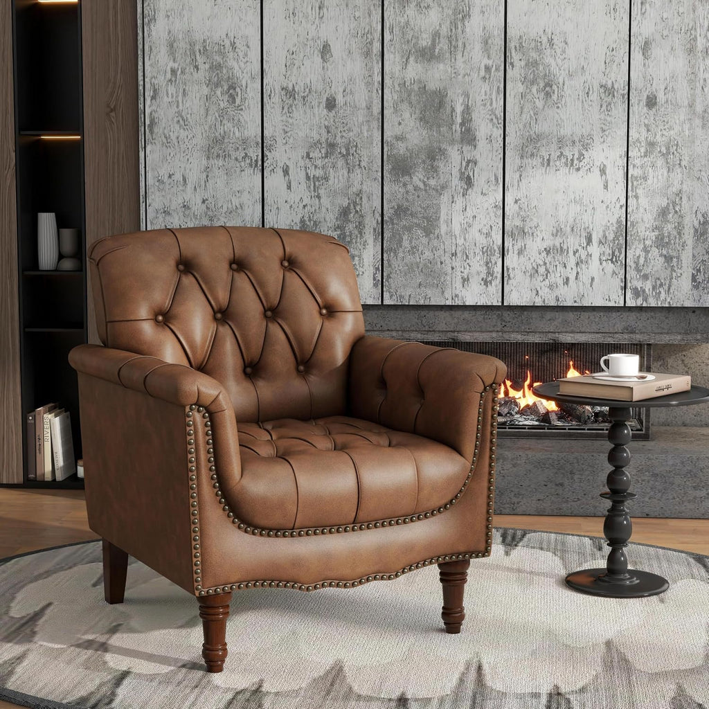 Faux Leather Armchairs, Upholstered Accent Chair, Brown - Set of 2