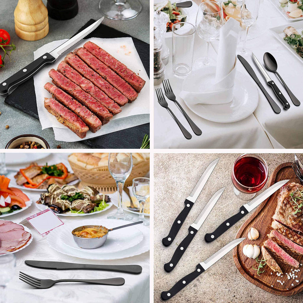 48-Piece Black Silverware Set with Steak Knives, Stainless Steel Flatware for 8, Mirror Finish, Dishwasher Safe